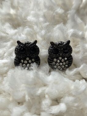 Owl Stud Earrings with Crystal Accents - Black